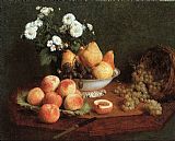 Henri Fantin-latour Famous Paintings - Flowers & Fruit on a Table 1865